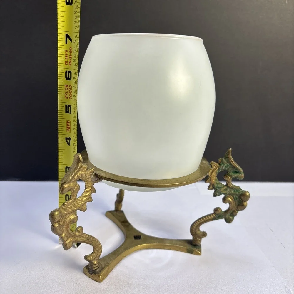 MCM Three Dragon Brass Etched Stand With Glass‎ Candle Holder Tripod India 7